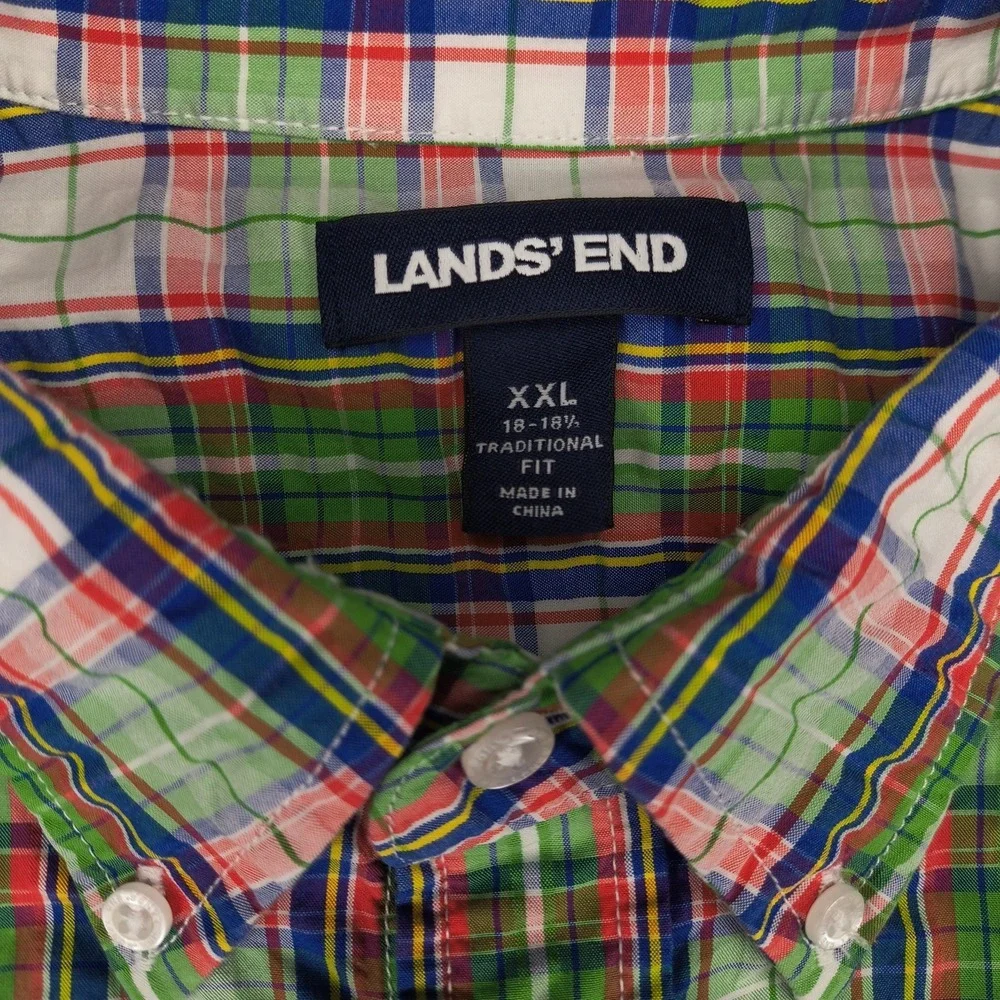 Lands End Men XXL Traditional Fit Short Sleeve Button Down Plaid Shirt Green Red